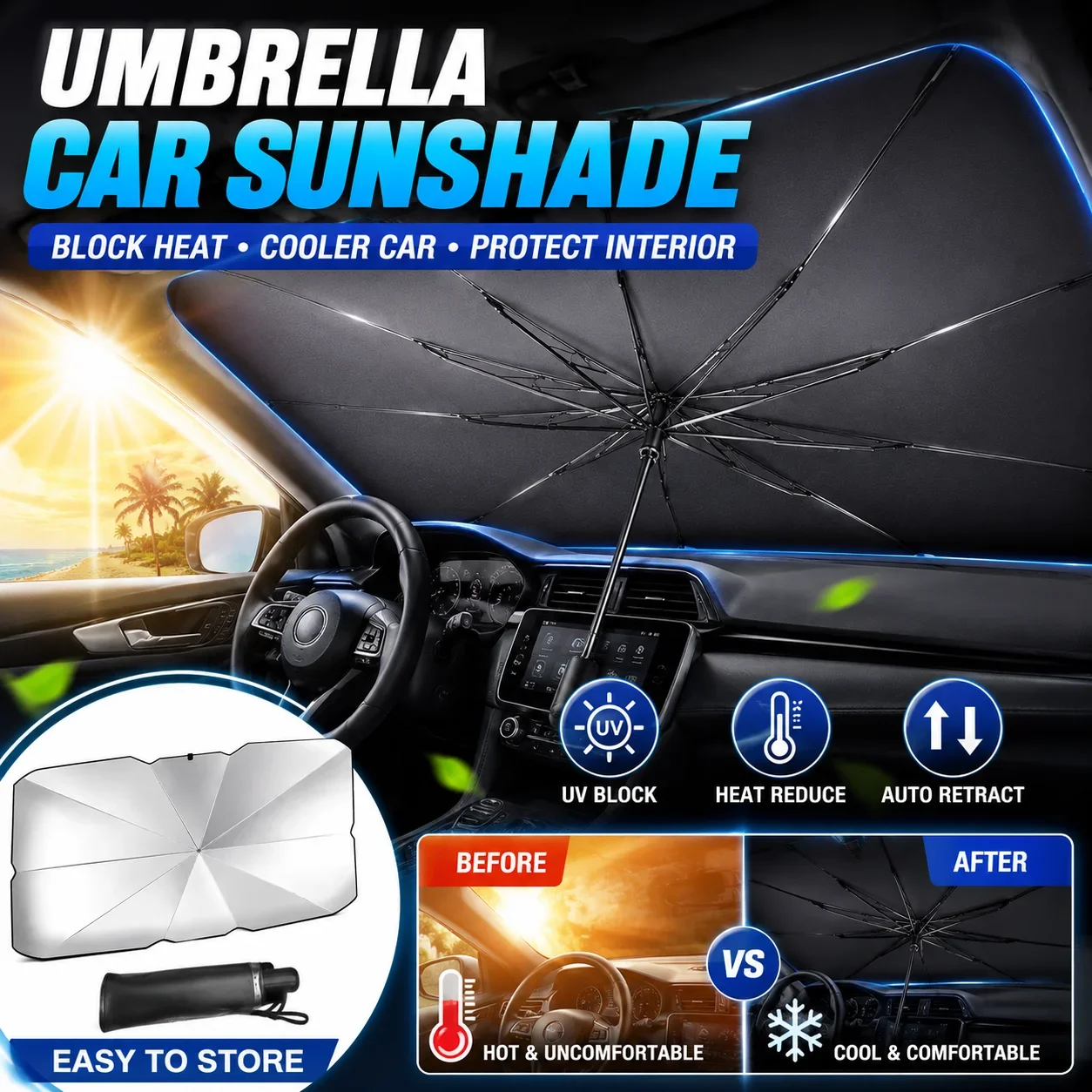 Car Sunshade Windshield Umbrella Foldable - Parasole pieghevole per auto, da applicare